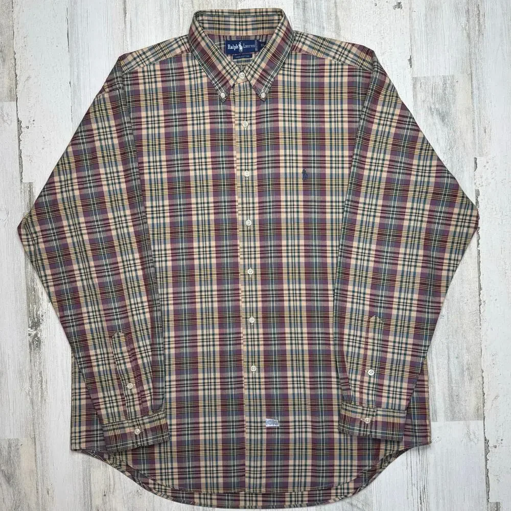 Vintage Polo Ralph Lauren Mens Long Sleeve Button Down Shirt Sz XL Plaid Cotton